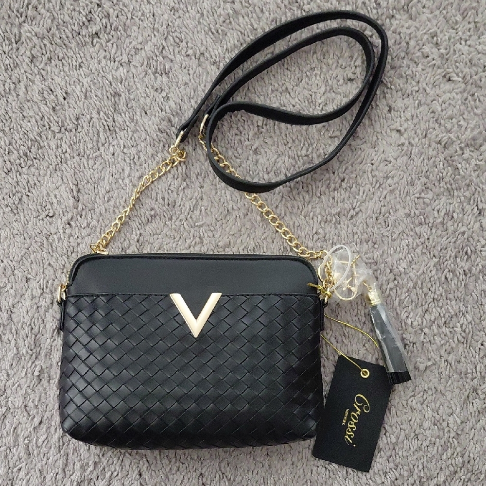 Women’s Black Woven Crossbody Bag with Gold Accent